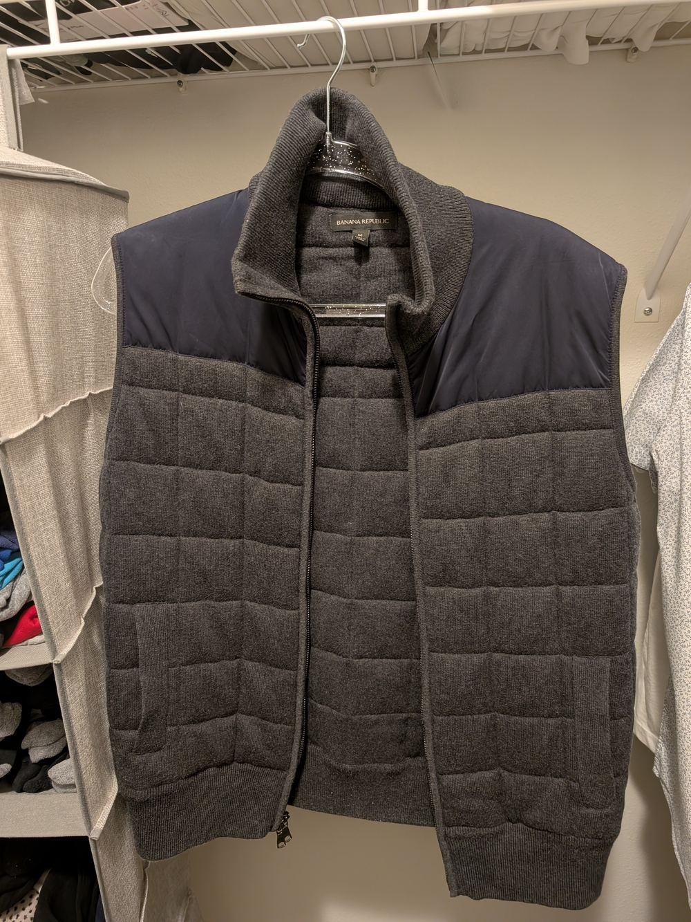 Banana Republic Quilted Dark Gray Vest with Navy Shoulder Yoke